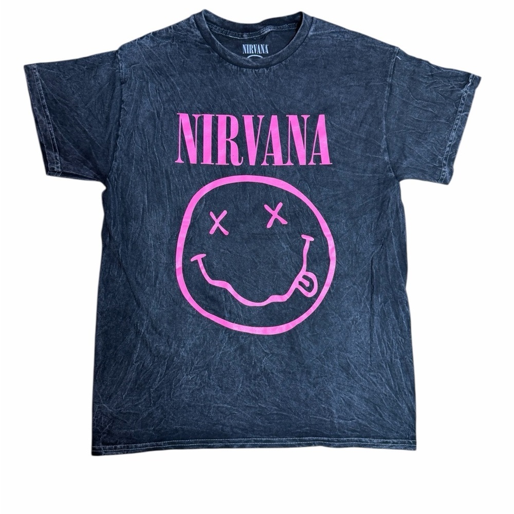 Nirvana Pink Smiley Face Graphic Tee – Size Medium – Acid Wash Black